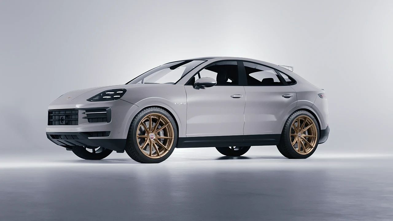 Porsche Cayenne E Hybrid Coupe 2024 on HRE Performance Wheels S104SC forged wheels, front three-quarter view