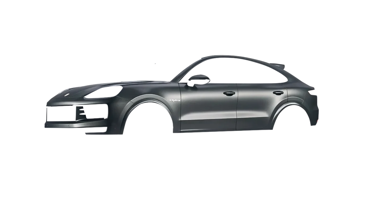 Porsche Cayenne E Hybrid Coupe 2024 wrapped in Black Rock Grey (Avery Dennison SW900-823-M), front three-quarter view