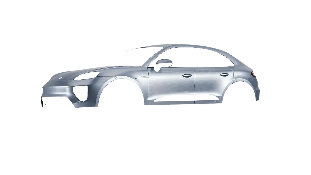 Porsche Macan Electric 2024 wrapped in Brushed Aluminum (Avery Dennison SW900-812-X), front three-quarter view
