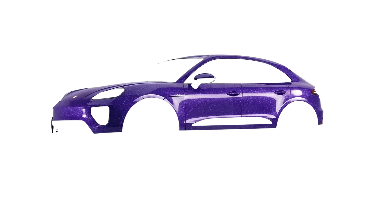 Porsche Macan Electric 2024 wrapped in Purple (Avery Dennison SW900-587-D), front three-quarter view
