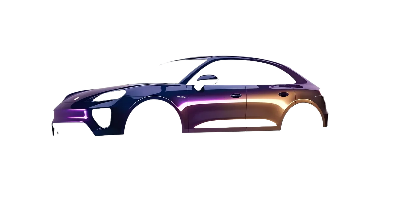 Porsche Macan Electric 2024 wrapped in Gloss Flip Deep Space (3M GP278), front three-quarter view