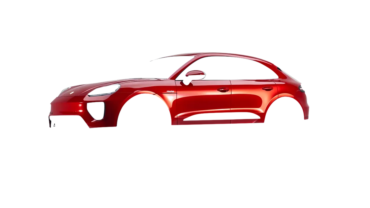 Porsche Macan Electric 2024 wrapped in Hot Rod Red (3M G13), front three-quarter view