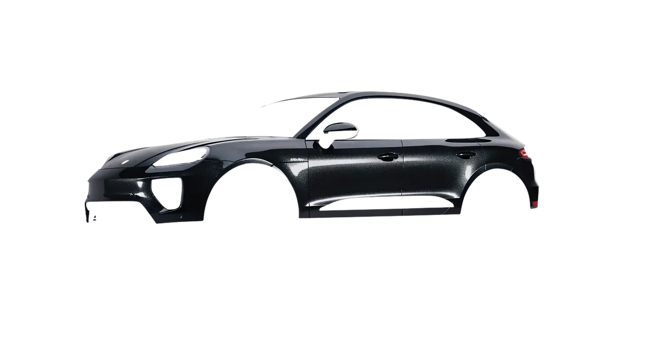Porsche Macan Electric 2024 wrapped in Mystery Black (Avery Dennison SW900-184-M), front three-quarter view