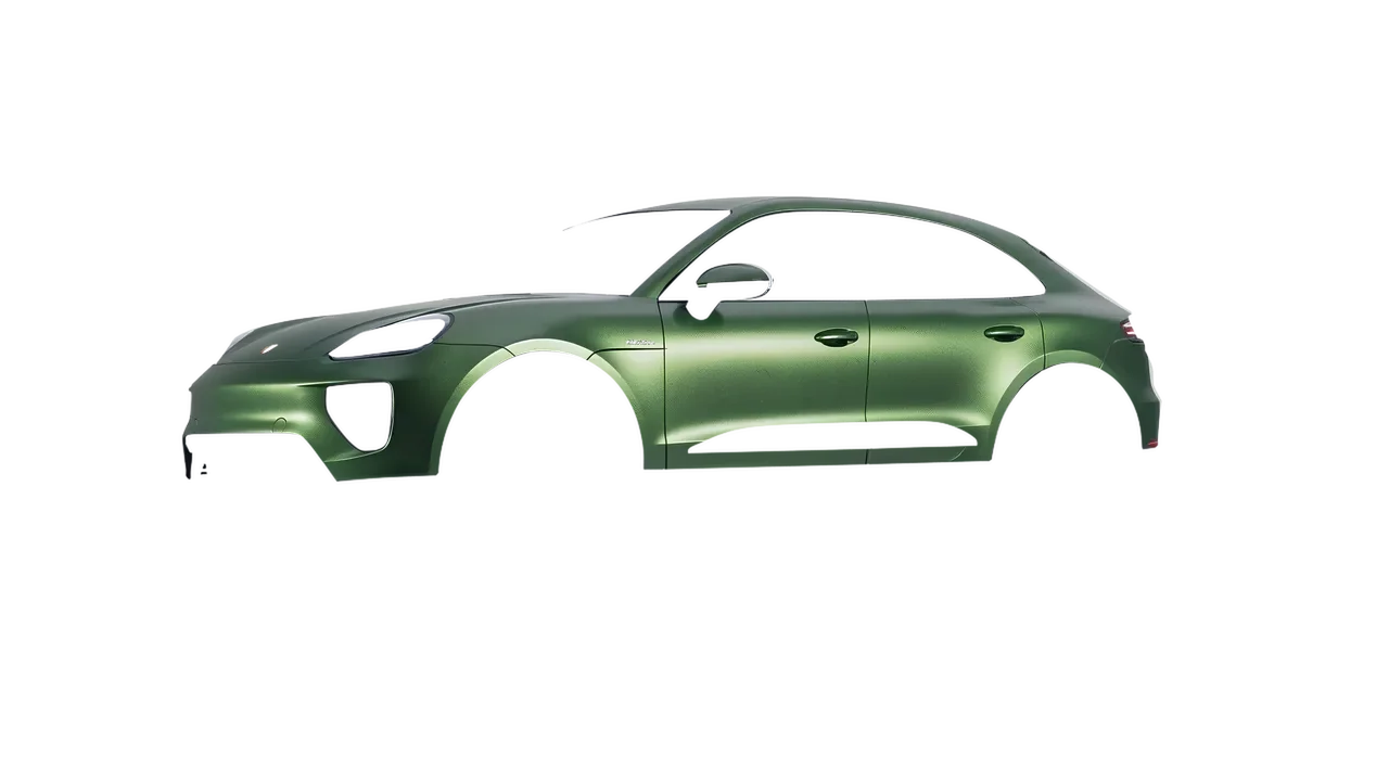 Porsche Macan Electric 2024 wrapped in Apple Green (Avery Dennison SW900-745-M), front three-quarter view