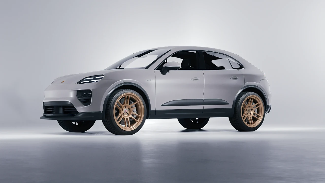 Porsche Macan Electric 2024 on HRE Performance Wheels 312-GTS forged wheels, front three-quarter view