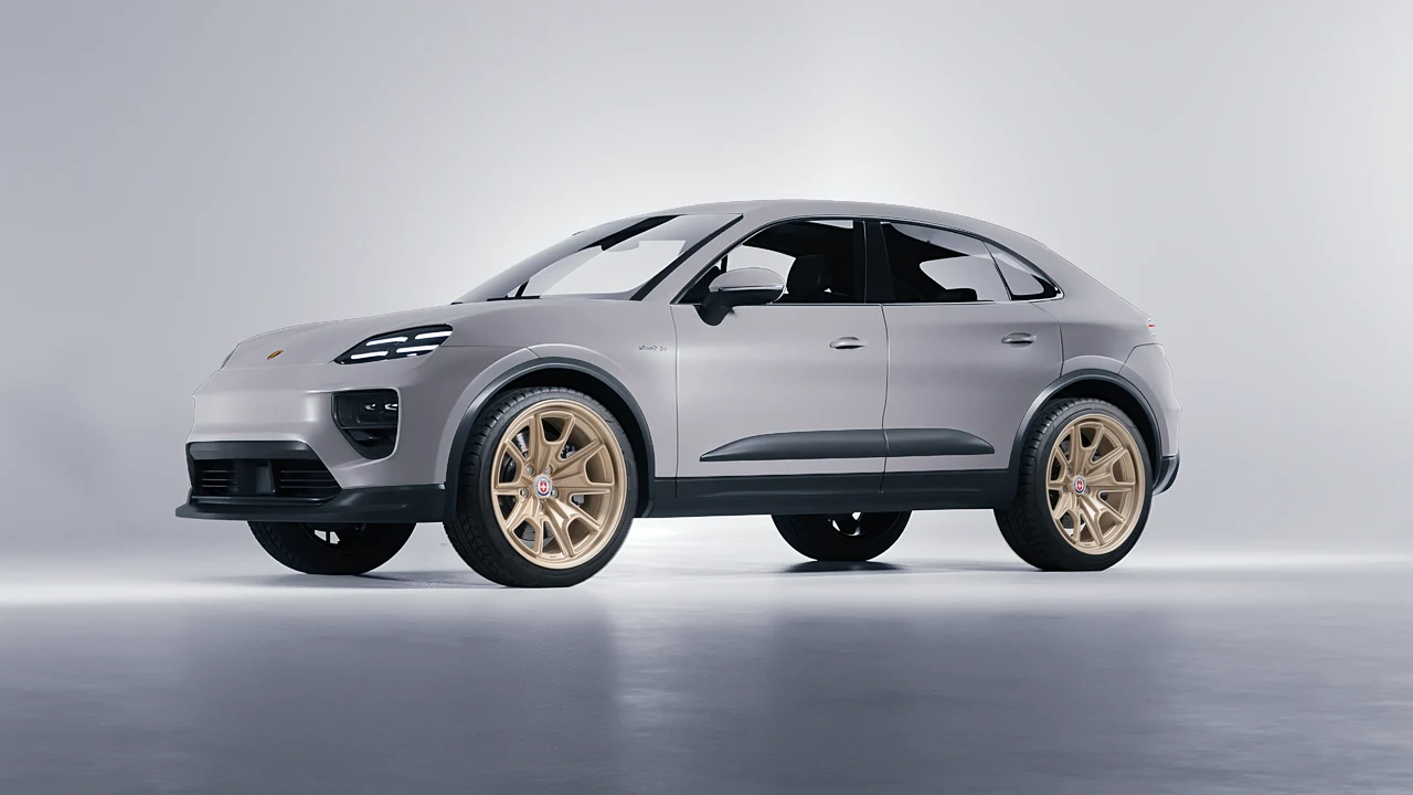 Porsche Macan Electric 2024 on HRE Performance Wheels 427M forged wheels, front three-quarter view