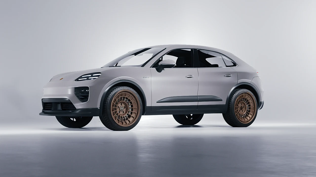 Porsche Macan Electric 2024 on HRE Performance Wheels 515-GTM forged wheels, front three-quarter view