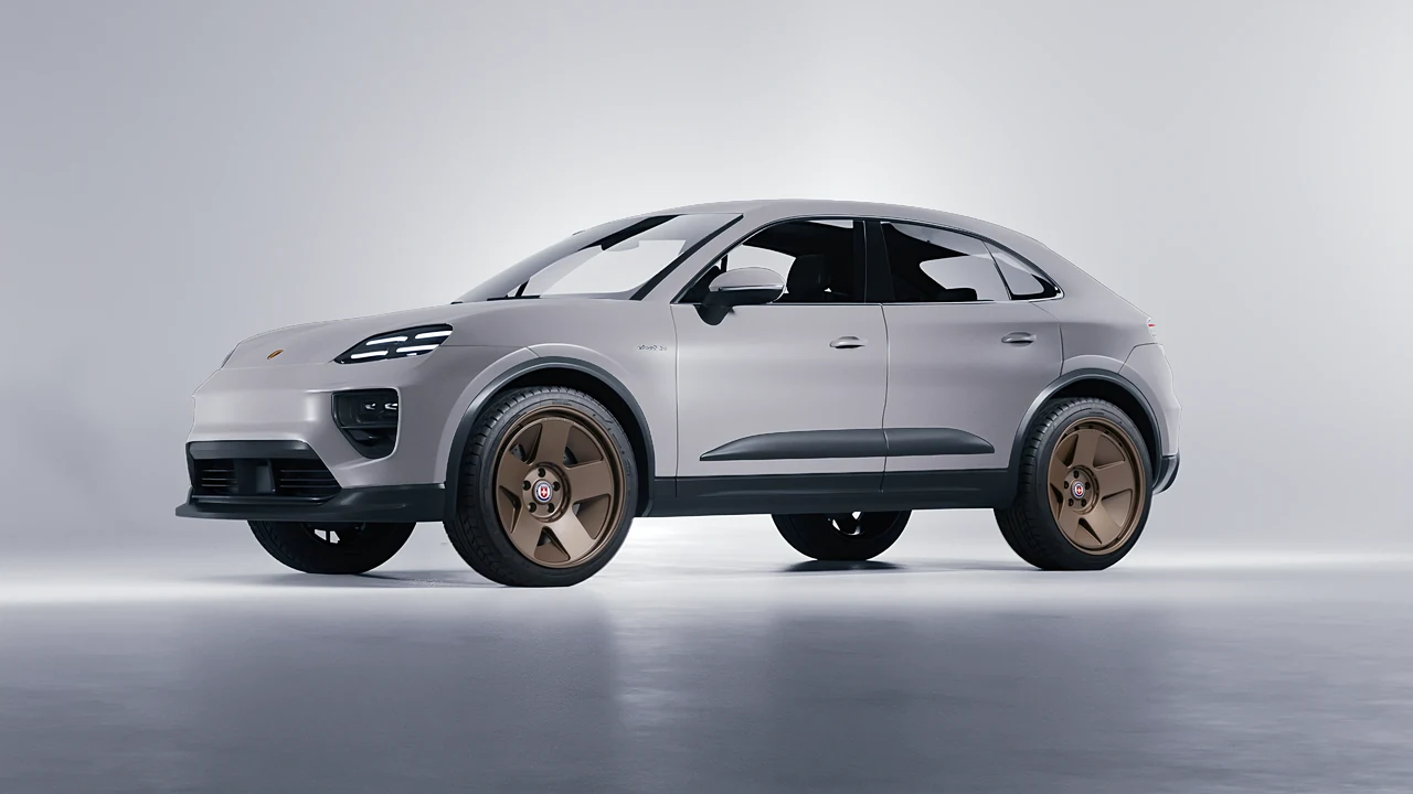 Porsche Macan Electric 2024 on HRE Performance Wheels 555-GTM forged wheels, front three-quarter view