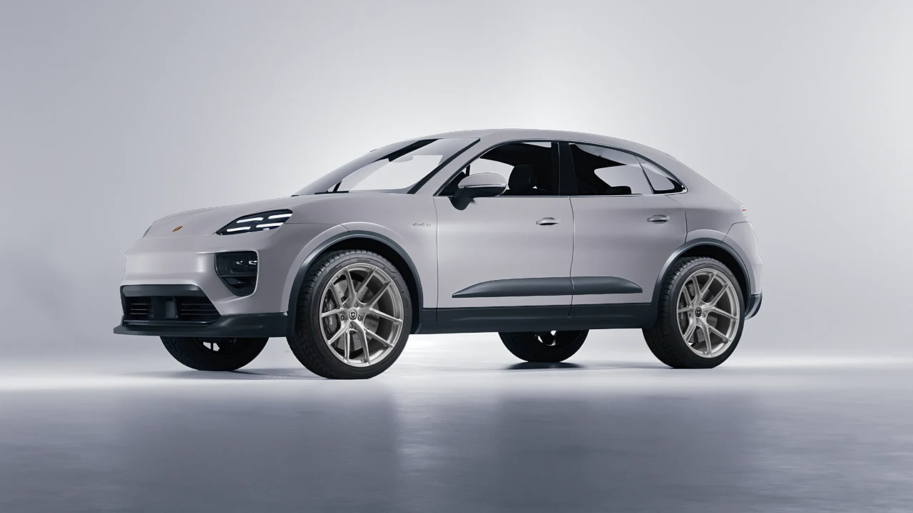 Porsche Macan Electric 2024 on HRE Performance Wheels P101SC forged wheels, front three-quarter view