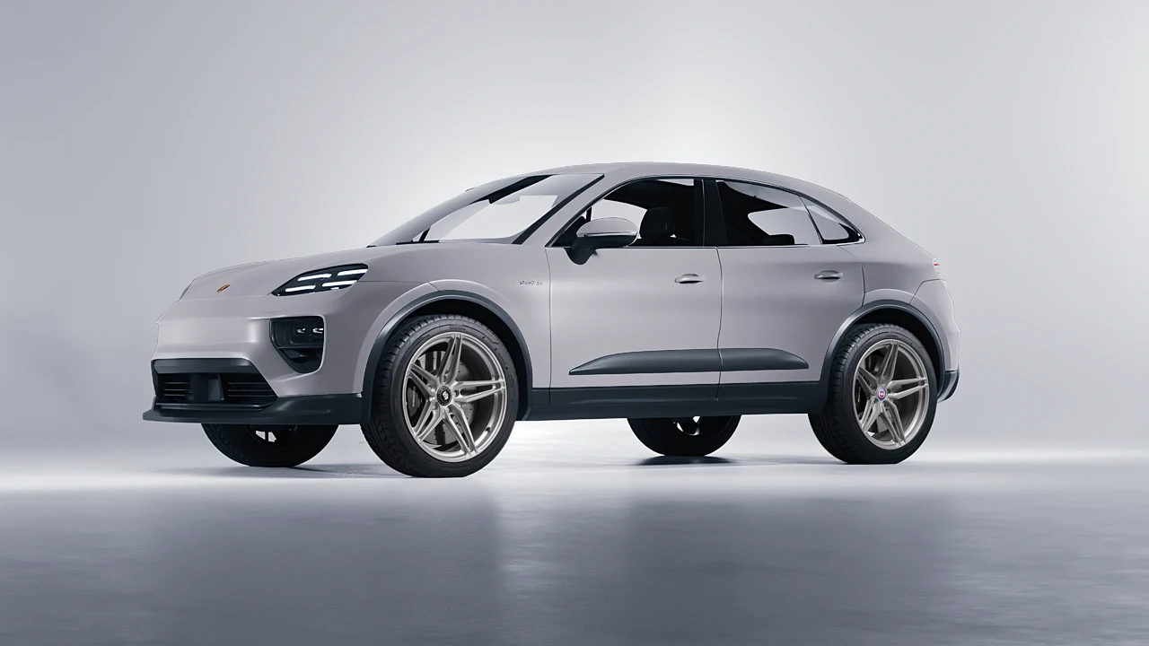 Porsche Macan Electric 2024 on HRE Performance Wheels P107SC forged wheels, front three-quarter view