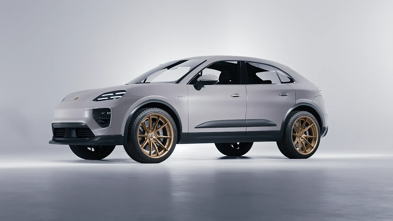 Porsche Macan Electric 2024 on HRE Performance Wheels S104SC forged wheels, front three-quarter view