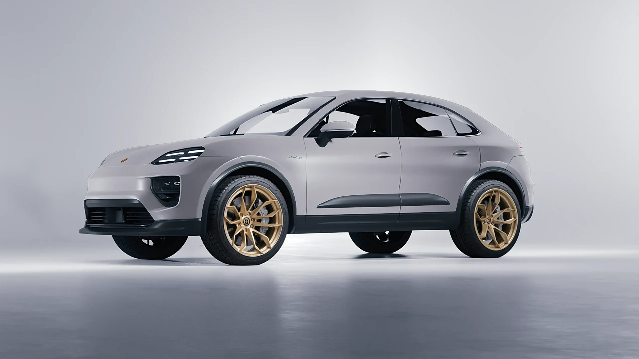 Porsche Macan Electric 2024 on HRE Performance Wheels S201H forged wheels, front three-quarter view
