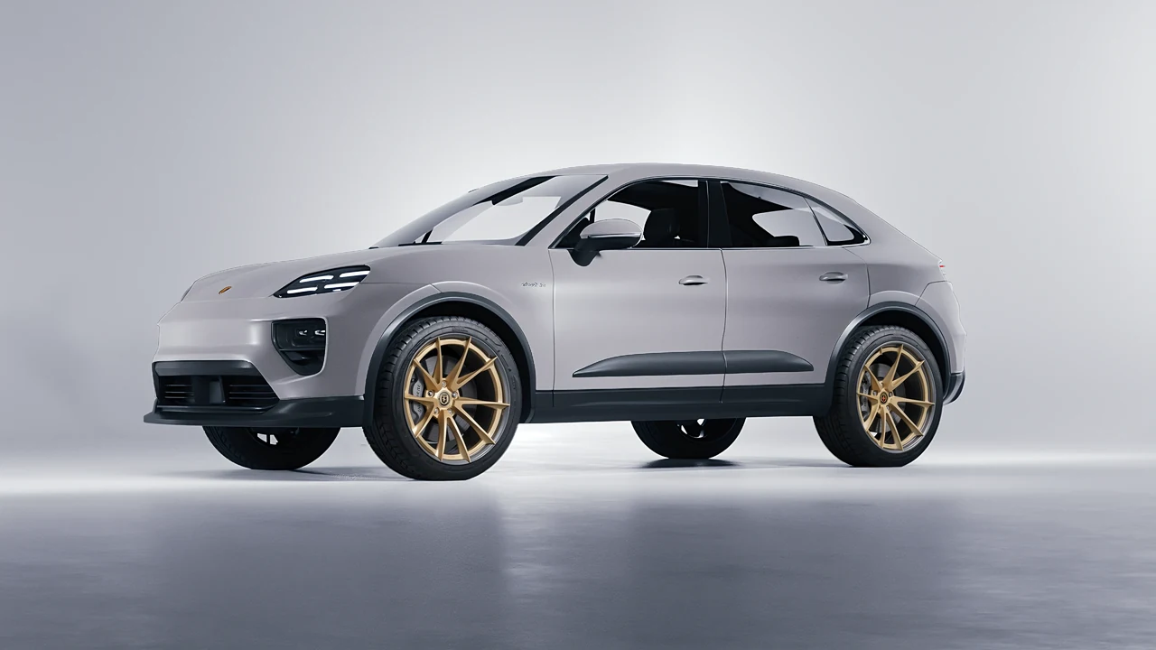 Porsche Macan Electric 2024 on HRE Performance Wheels S204H forged wheels, front three-quarter view