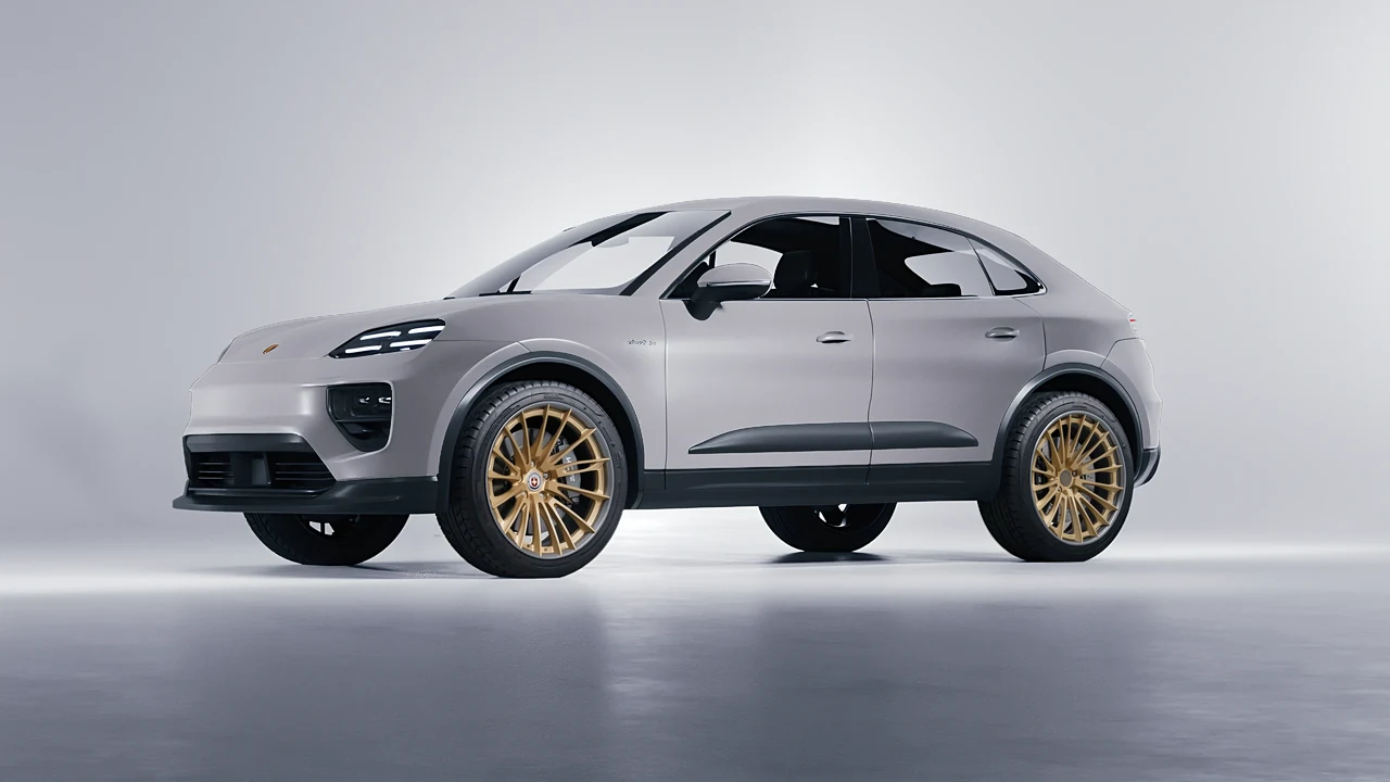 Porsche Macan Electric 2024 on HRE Performance Wheels S209H forged wheels, front three-quarter view