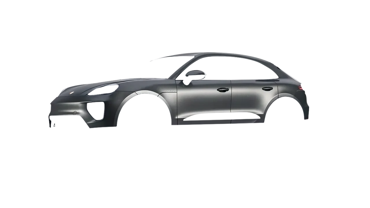 Porsche Macan Electric 2024 wrapped in Black Rock Grey (Avery Dennison SW900-823-M), front three-quarter view