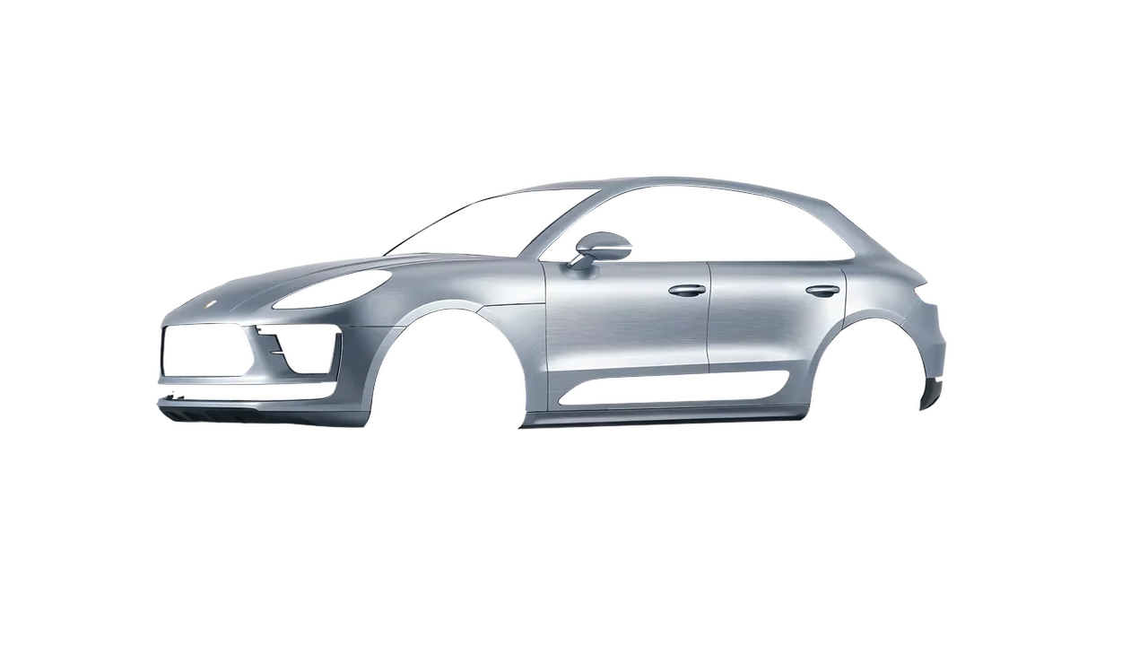 Porsche Macan Turbo 2023 wrapped in Brushed Aluminum (Avery Dennison SW900-812-X), front three-quarter view