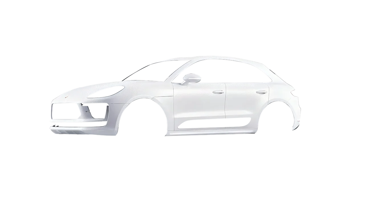 Porsche Macan Turbo 2023 wrapped in Carbon Fiber White (Avery Dennison SW900-115-X), front three-quarter view