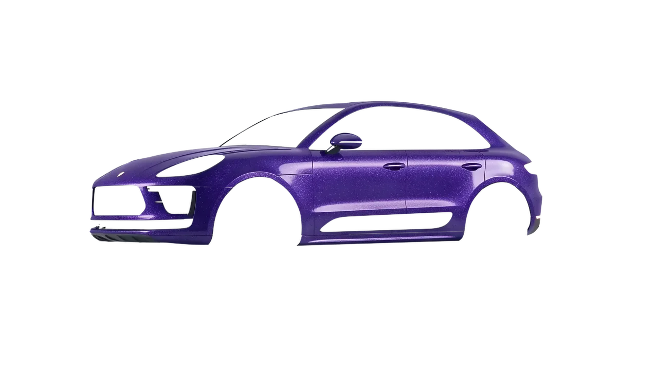 Porsche Macan Turbo 2023 wrapped in Purple (Avery Dennison SW900-587-D), front three-quarter view