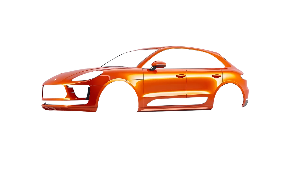 Porsche Macan Turbo 2023 wrapped in Fiery Orange (3M G364), front three-quarter view
