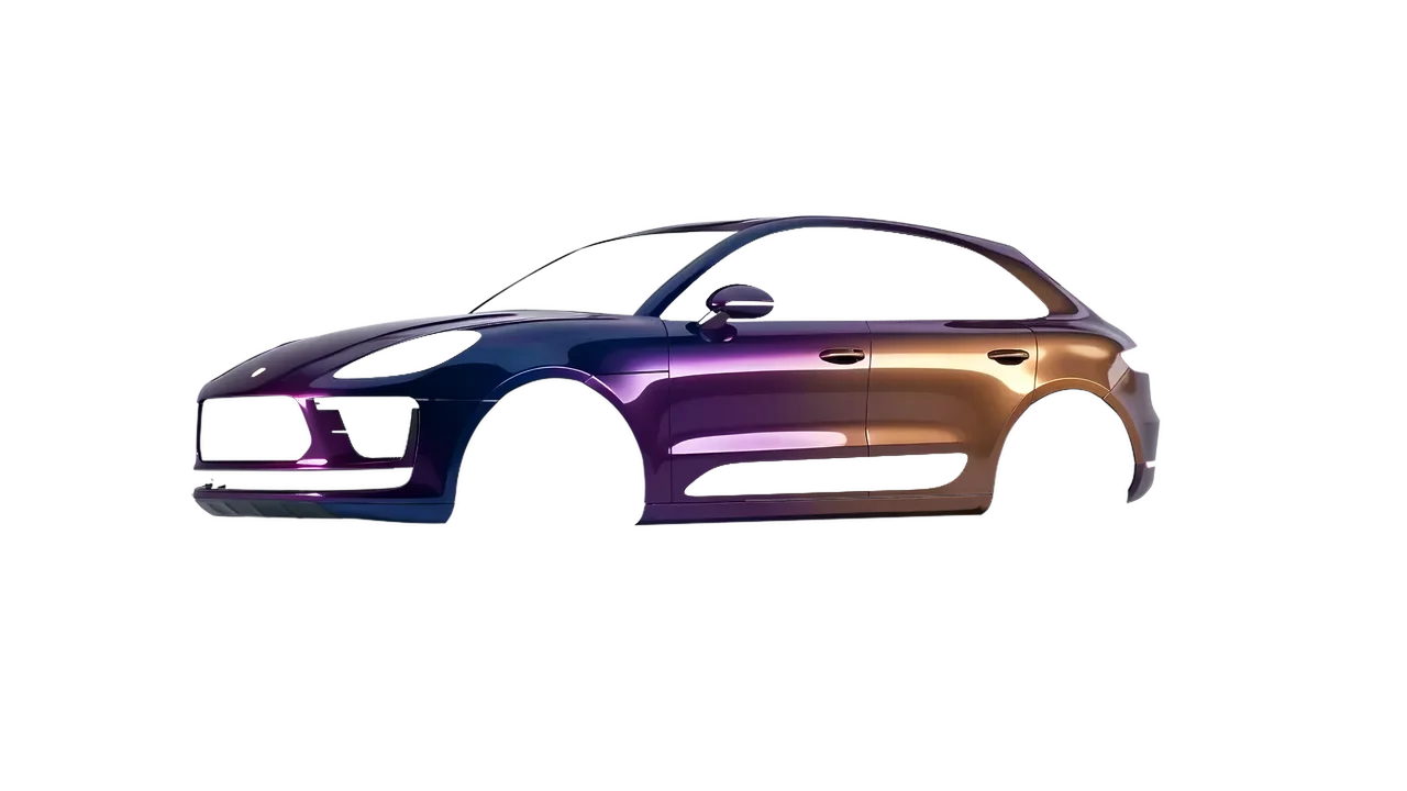 Porsche Macan Turbo 2023 wrapped in Gloss Flip Deep Space (3M GP278), front three-quarter view