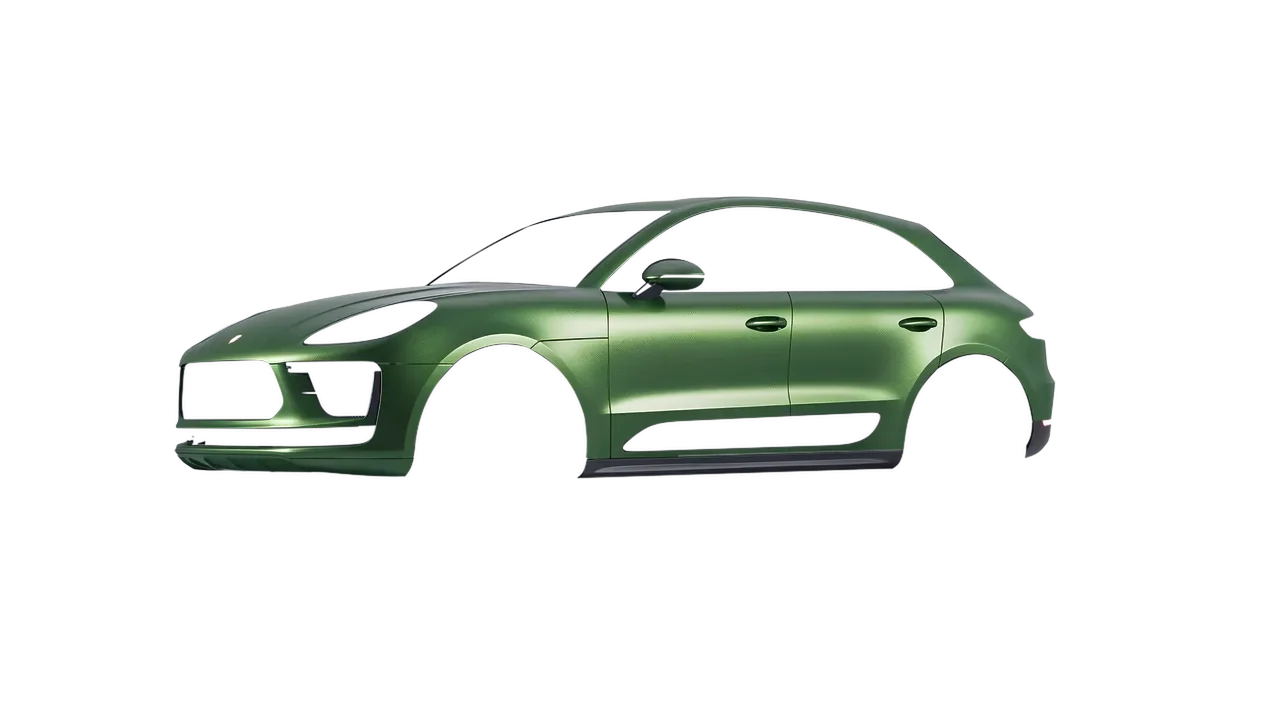 Porsche Macan Turbo 2023 wrapped in Apple Green (Avery Dennison SW900-745-M), front three-quarter view