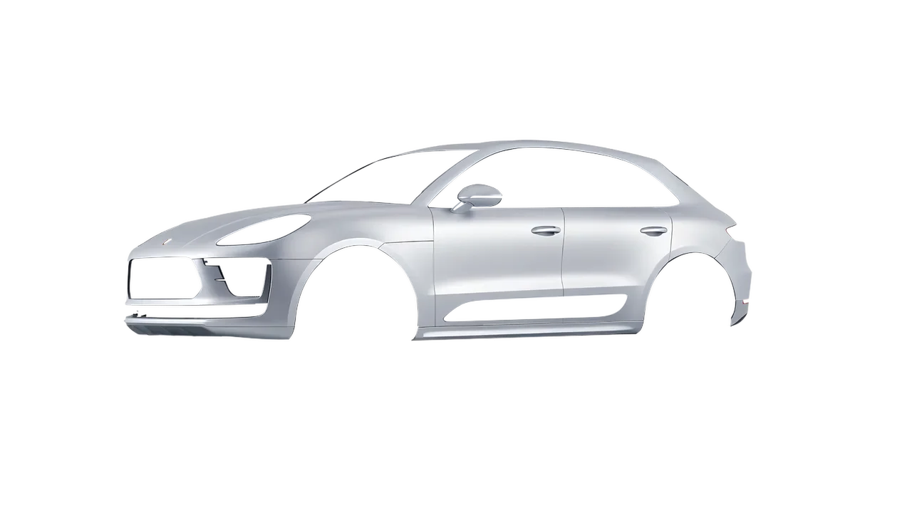 Porsche Macan Turbo 2023 wrapped in Matte Silver (3M M21), front three-quarter view
