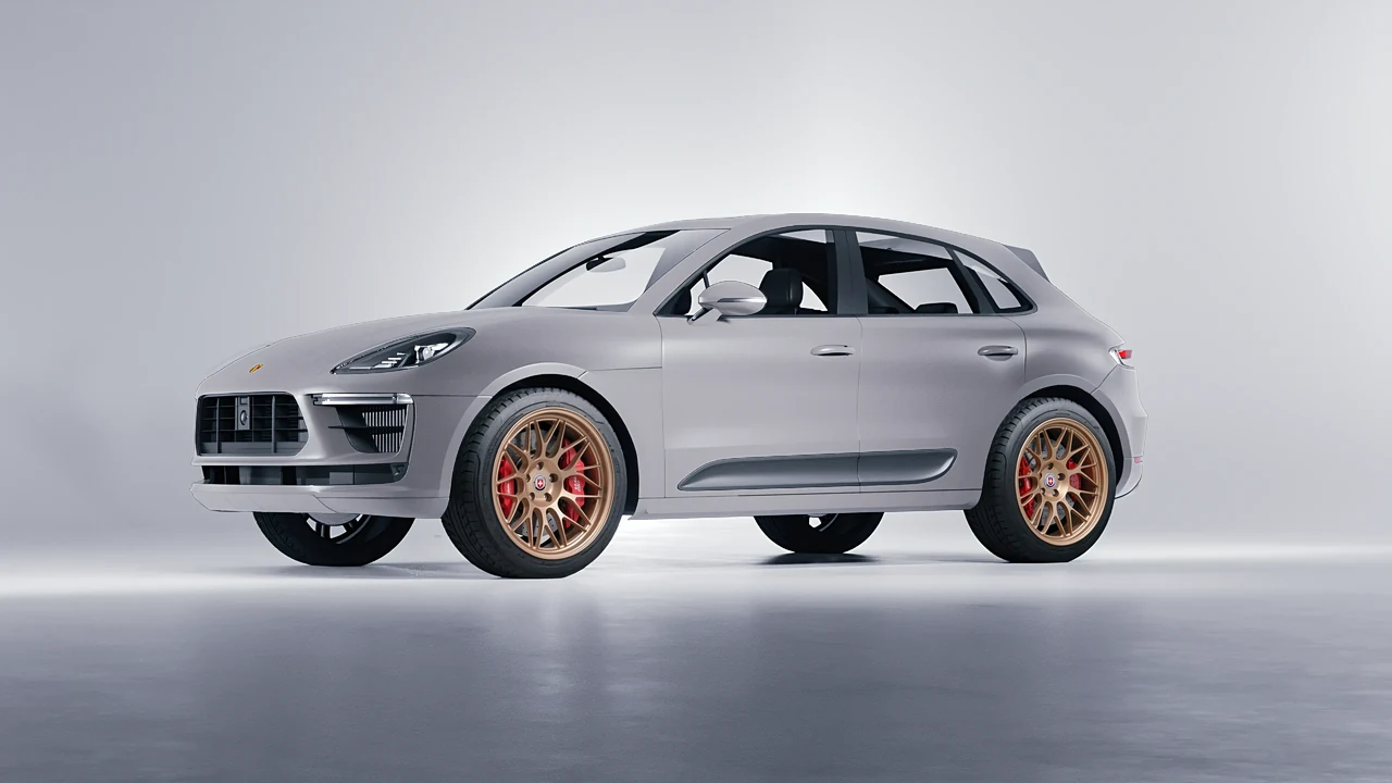 Porsche Macan Turbo 2023 on HRE Performance Wheels 300-GTS forged wheels, front three-quarter view