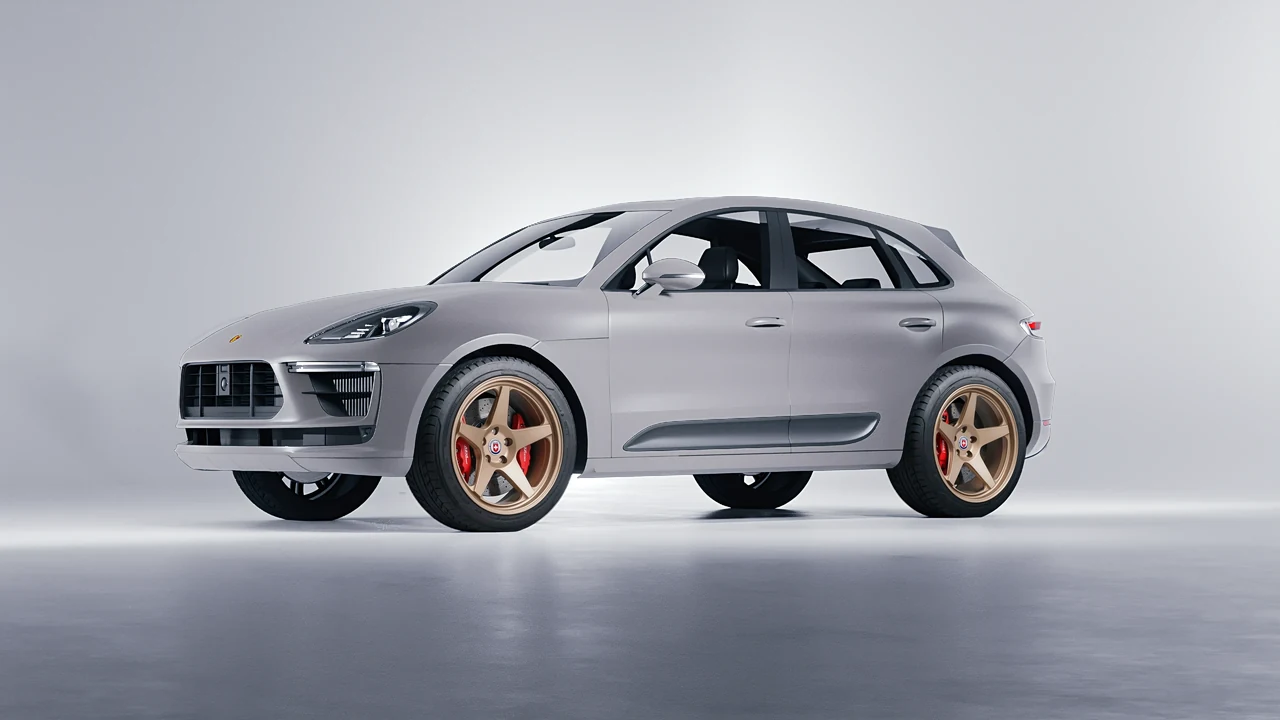 Porsche Macan Turbo 2023 on HRE Performance Wheels 305-GTS forged wheels, front three-quarter view