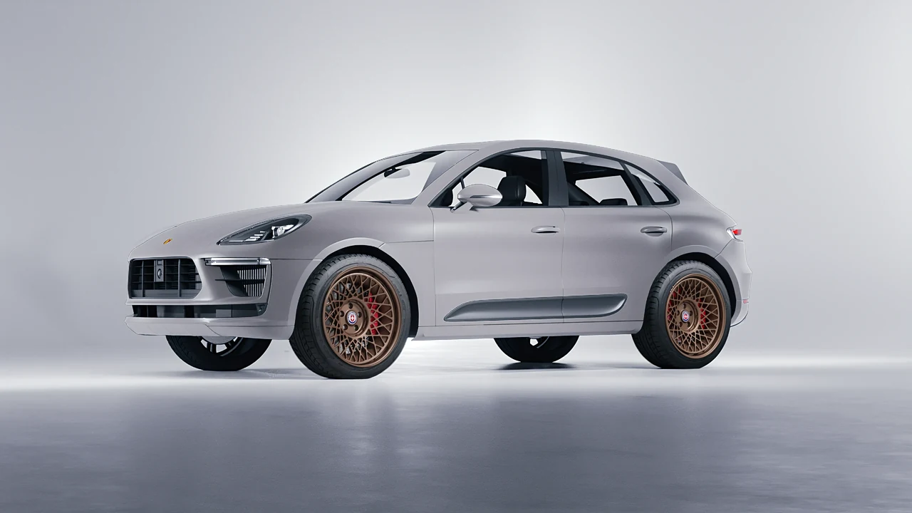 Porsche Macan Turbo 2023 on HRE Performance Wheels 501-GTM forged wheels, front three-quarter view