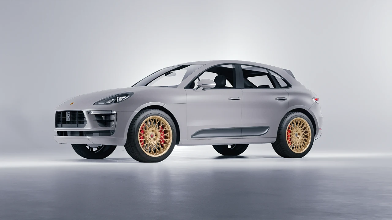 Porsche Macan Turbo 2023 on HRE Performance Wheels 501M forged wheels, front three-quarter view