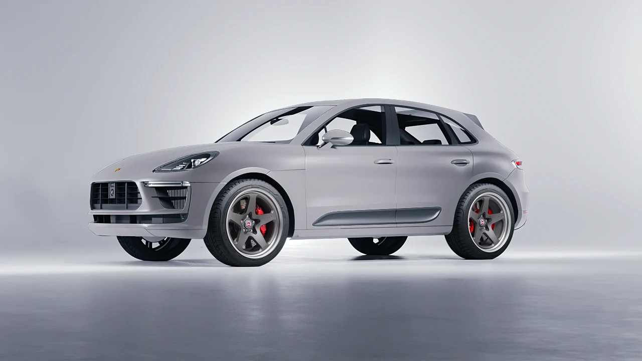 Porsche Macan Turbo 2023 on HRE Performance Wheels 527 forged wheels, front three-quarter view