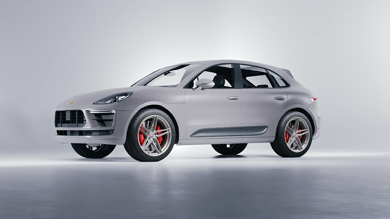Porsche Macan Turbo 2023 on HRE Performance Wheels P107SC forged wheels, front three-quarter view