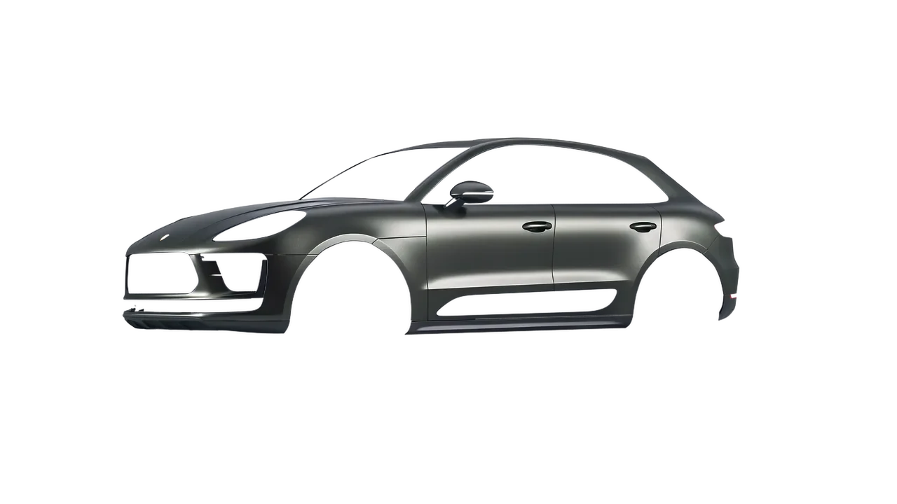 Porsche Macan Turbo 2023 wrapped in Black Rock Grey (Avery Dennison SW900-823-M), front three-quarter view