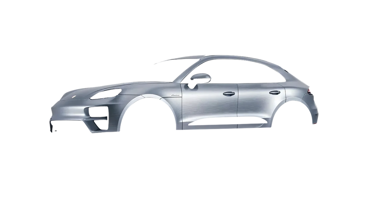 Porsche Macan Turbo Electric 2024 wrapped in Brushed Aluminum (Avery Dennison SW900-812-X), front three-quarter view