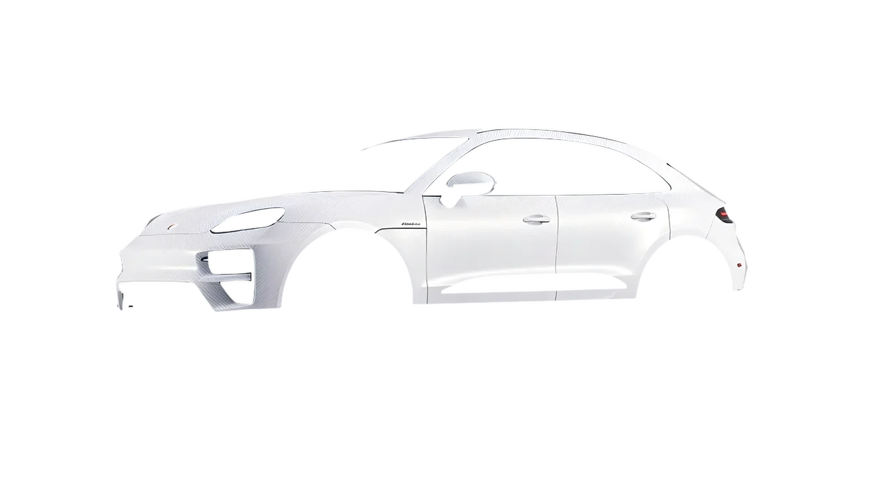 Porsche Macan Turbo Electric 2024 wrapped in Carbon Fiber White (Avery Dennison SW900-115-X), front three-quarter view