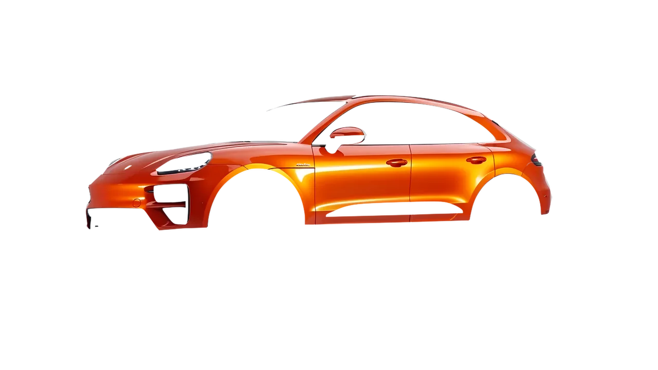 Porsche Macan Turbo Electric 2024 wrapped in Fiery Orange (3M G364), front three-quarter view