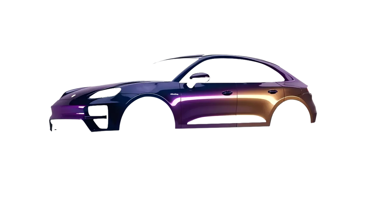 Porsche Macan Turbo Electric 2024 wrapped in Gloss Flip Deep Space (3M GP278), front three-quarter view