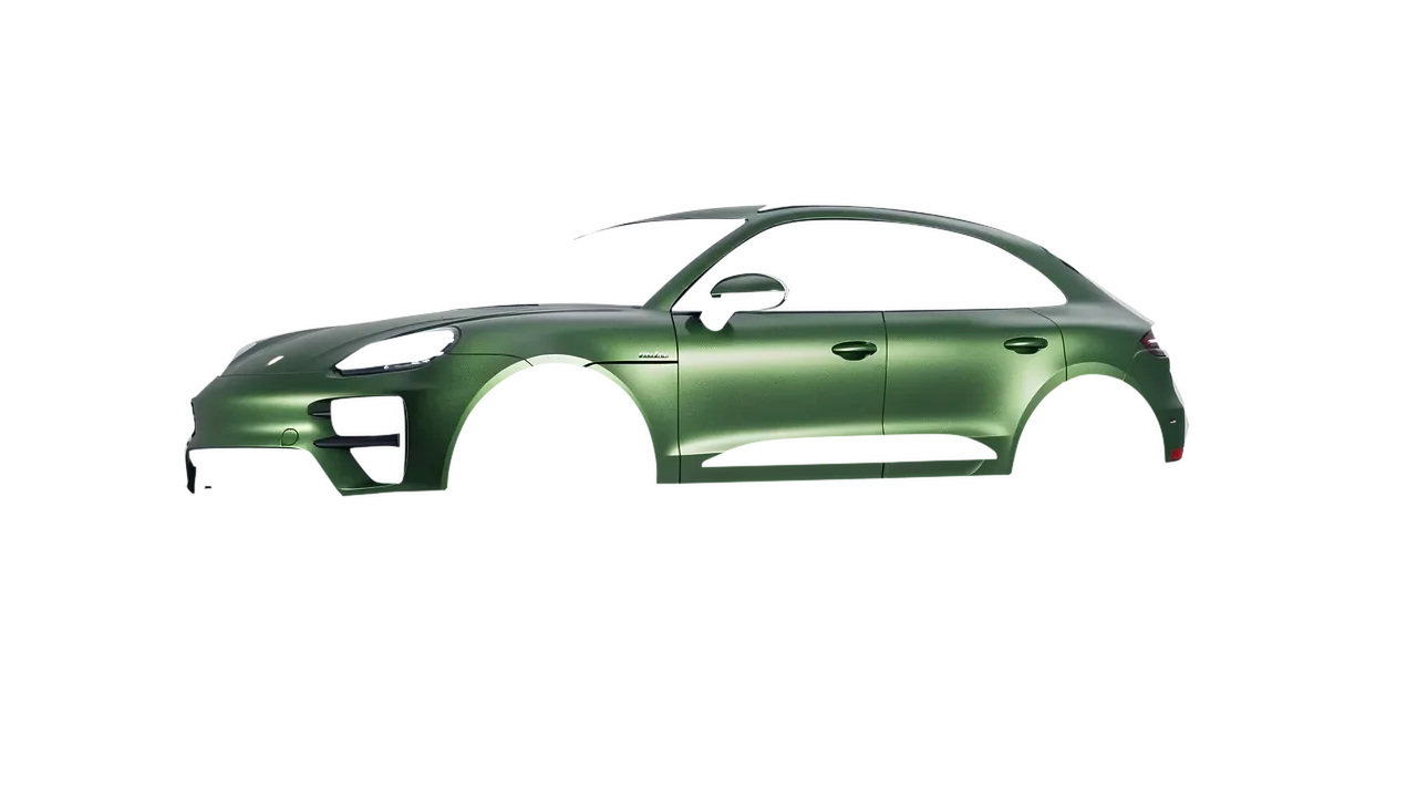 Porsche Macan Turbo Electric 2024 wrapped in Apple Green (Avery Dennison SW900-745-M), front three-quarter view