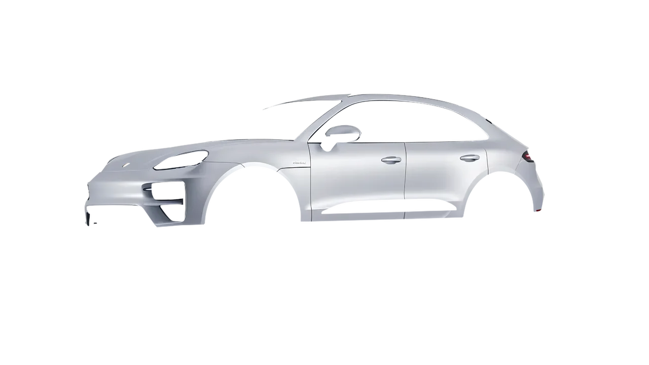 Porsche Macan Turbo Electric 2024 wrapped in Matte Silver (3M M21), front three-quarter view