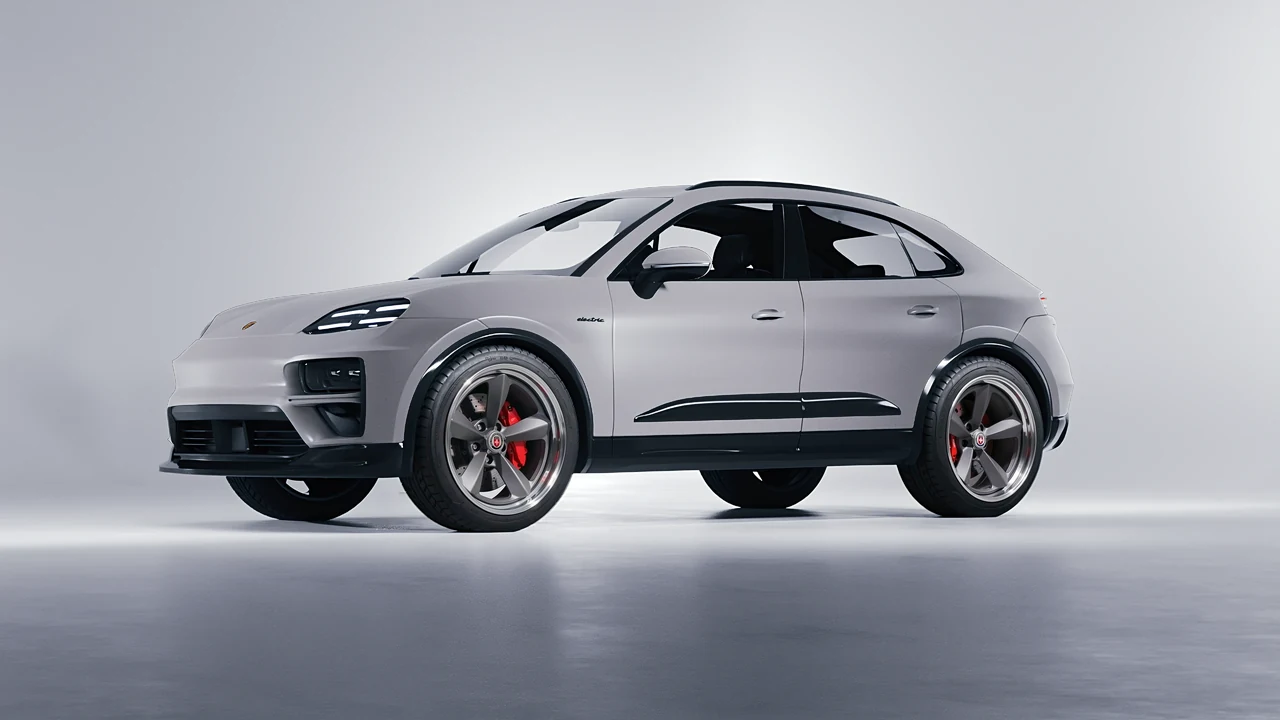 Porsche Macan Turbo Electric 2024 on HRE Performance Wheels 105 forged wheels, front three-quarter view