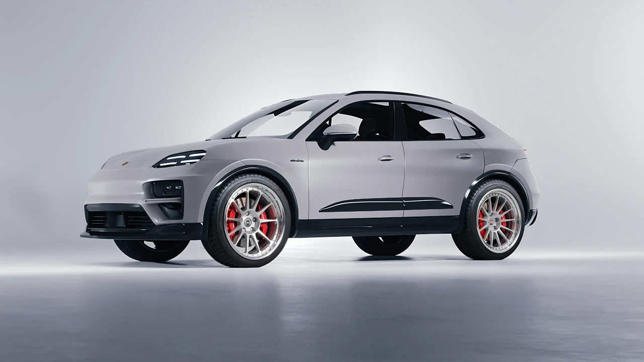 Porsche Macan Turbo Electric 2024 on HRE Performance Wheels 303 forged wheels, front three-quarter view