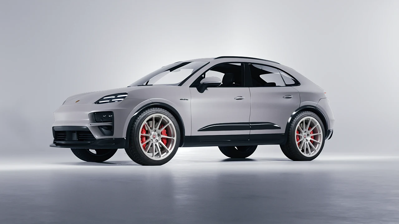 Porsche Macan Turbo Electric 2024 on HRE Performance Wheels 303M forged wheels, front three-quarter view