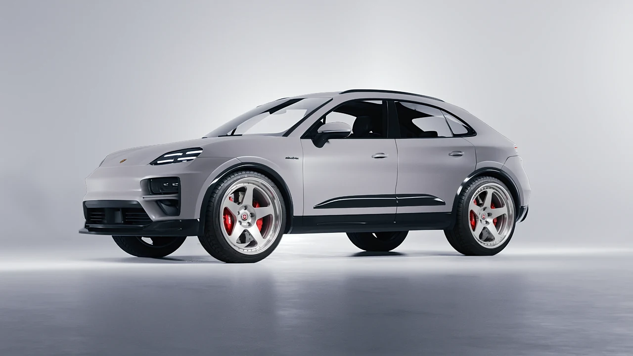 Porsche Macan Turbo Electric 2024 on HRE Performance Wheels 305 forged wheels, front three-quarter view