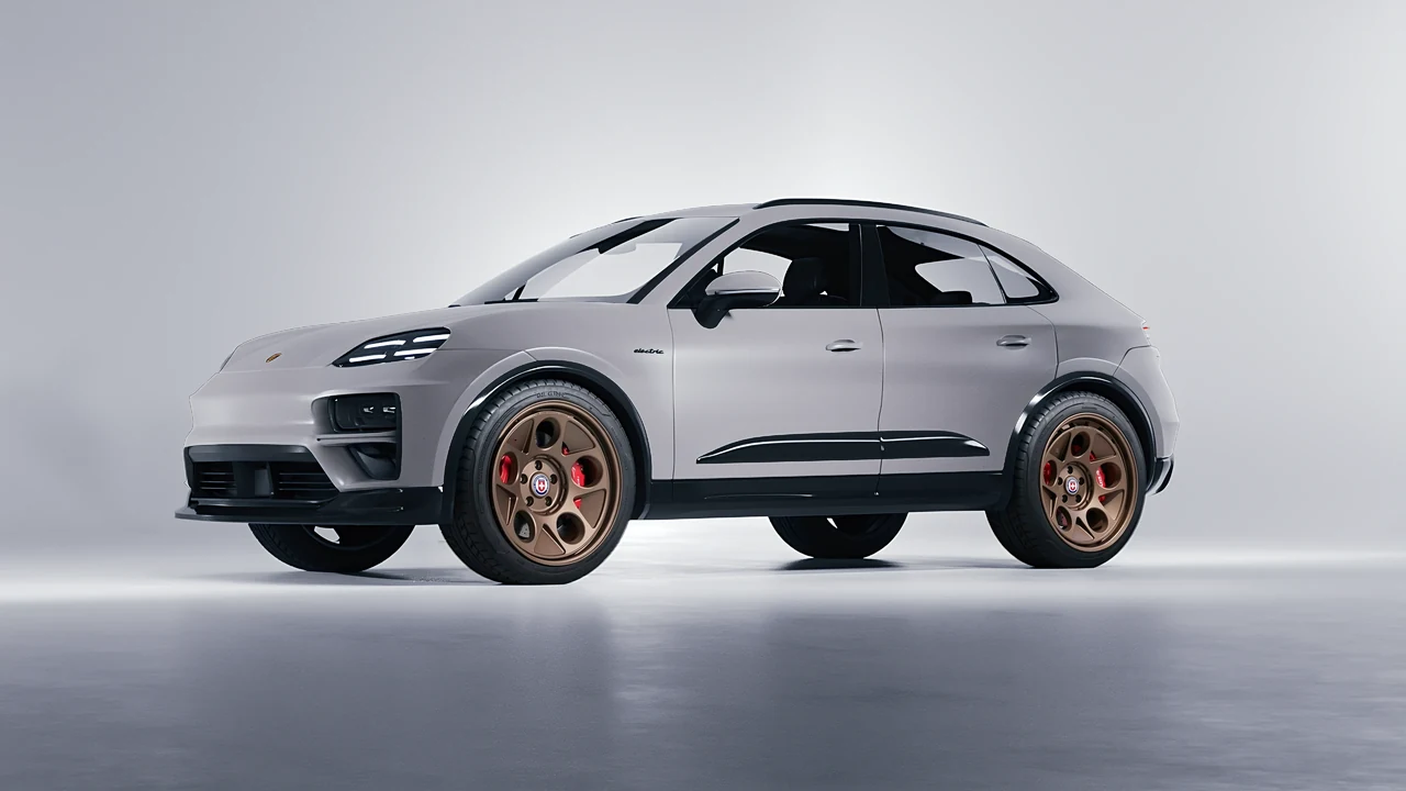 Porsche Macan Turbo Electric 2024 on HRE Performance Wheels 454-GTM forged wheels, front three-quarter view