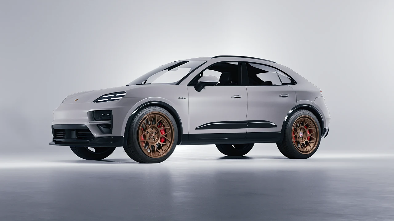 Porsche Macan Turbo Electric 2024 on HRE Performance Wheels 500-GTM forged wheels, front three-quarter view