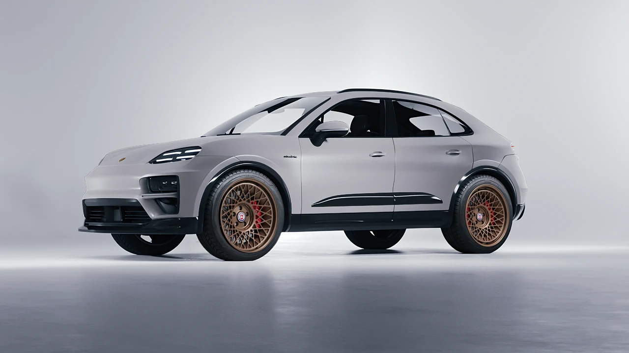 Porsche Macan Turbo Electric 2024 on HRE Performance Wheels 501-GTM forged wheels, front three-quarter view