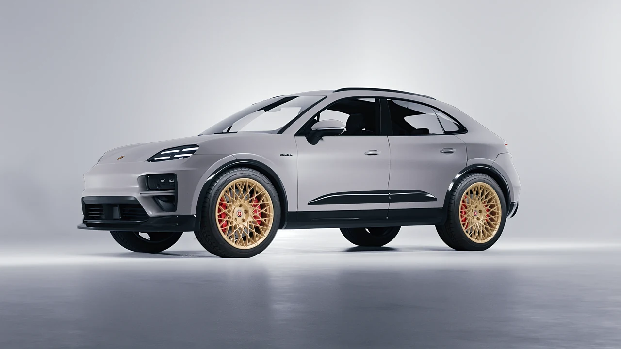 Porsche Macan Turbo Electric 2024 on HRE Performance Wheels 501M forged wheels, front three-quarter view