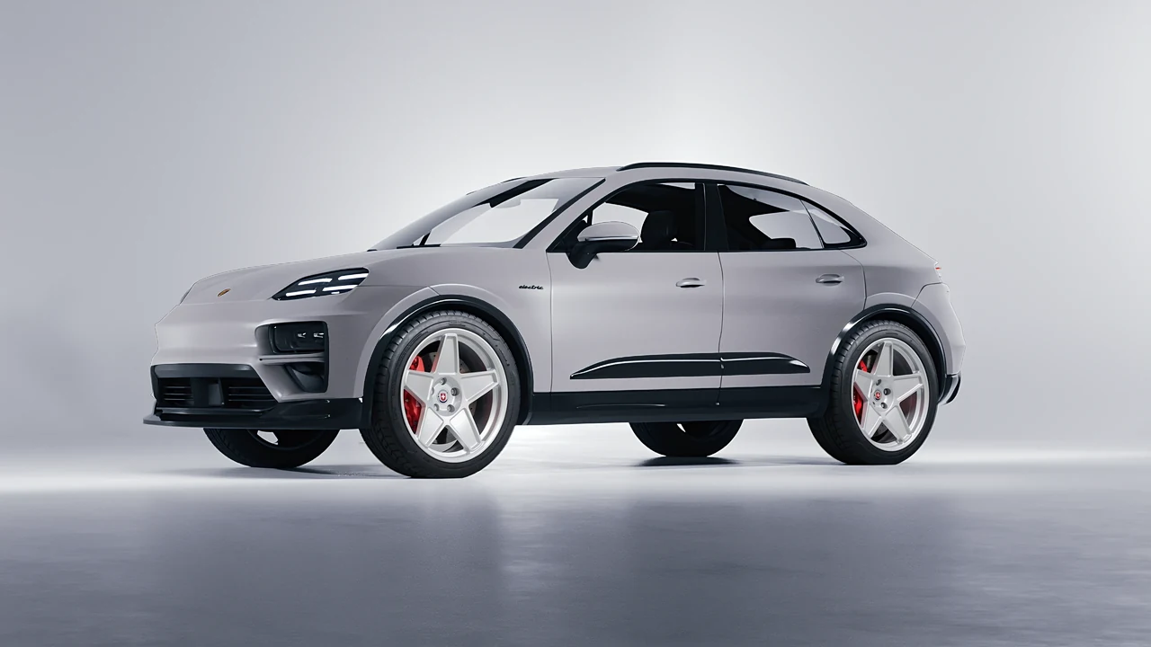 Porsche Macan Turbo Electric 2024 on HRE Performance Wheels 505M forged wheels, front three-quarter view