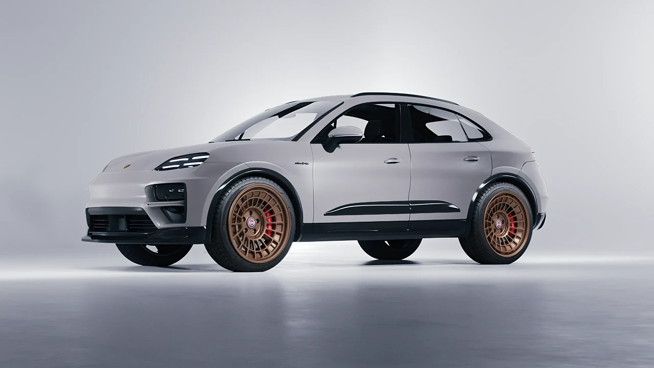 Porsche Macan Turbo Electric 2024 on HRE Performance Wheels 515-GTM forged wheels, front three-quarter view