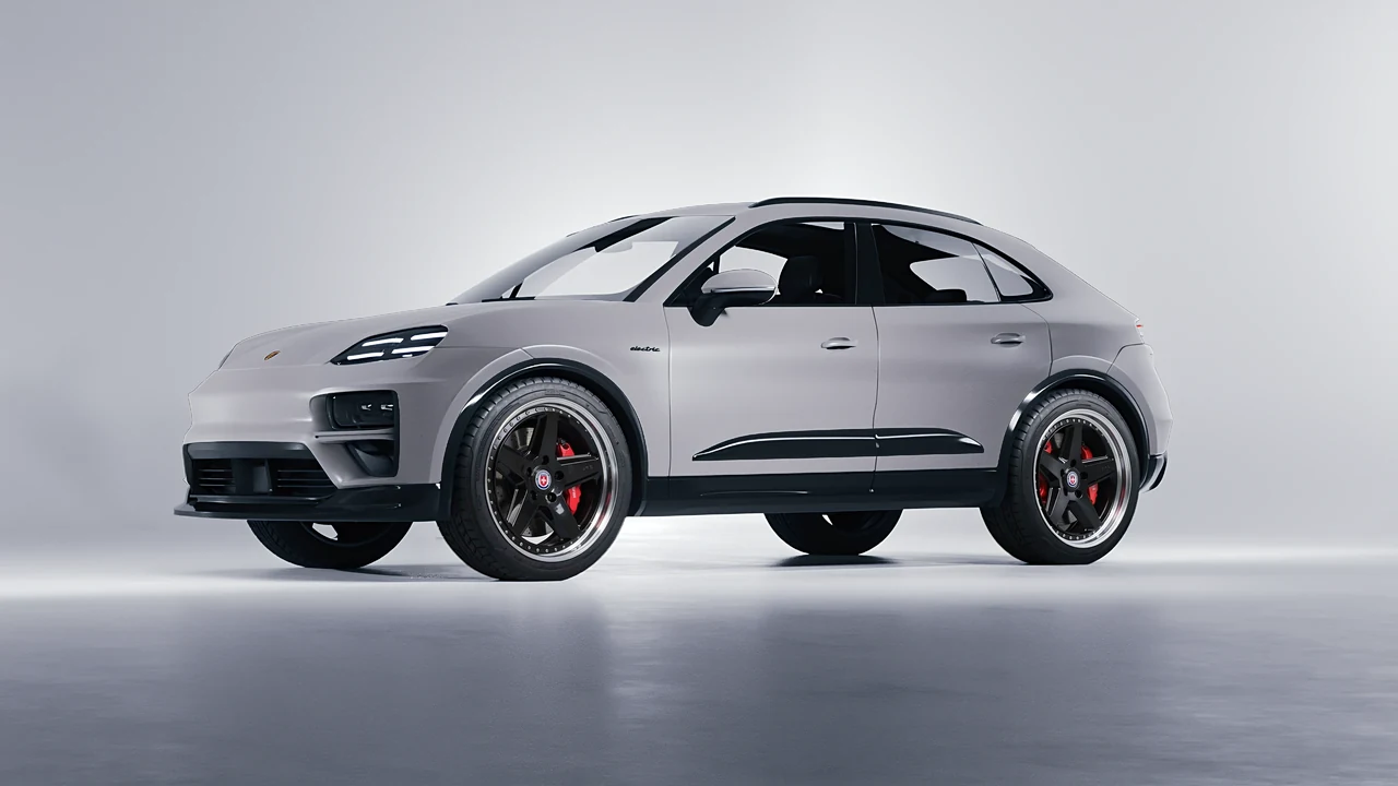 Porsche Macan Turbo Electric 2024 on HRE Performance Wheels 517 forged wheels, front three-quarter view